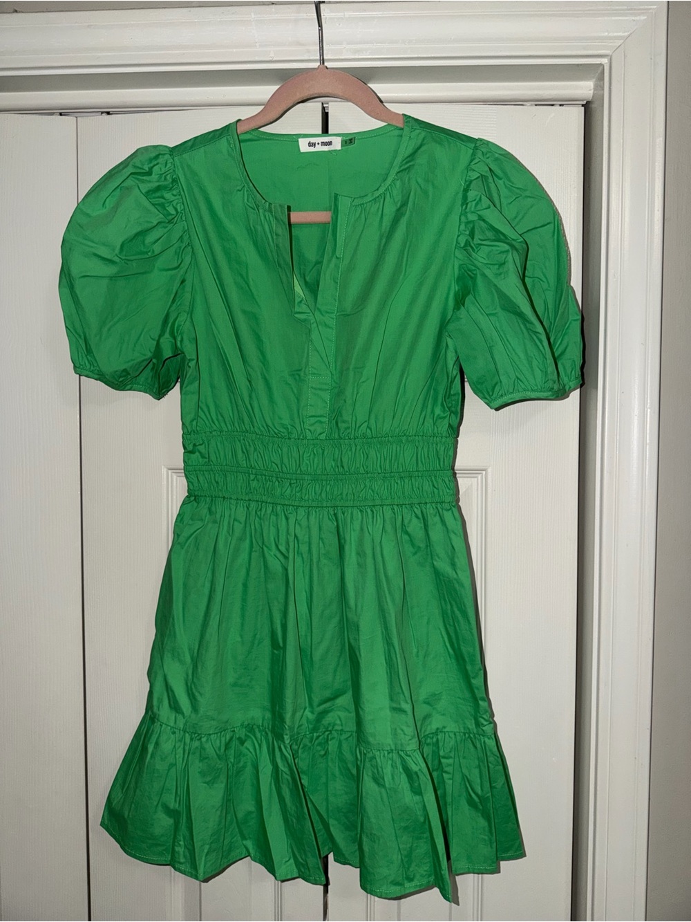 Day + Moon Green Puff-Sleeve Smocked Mini Dress